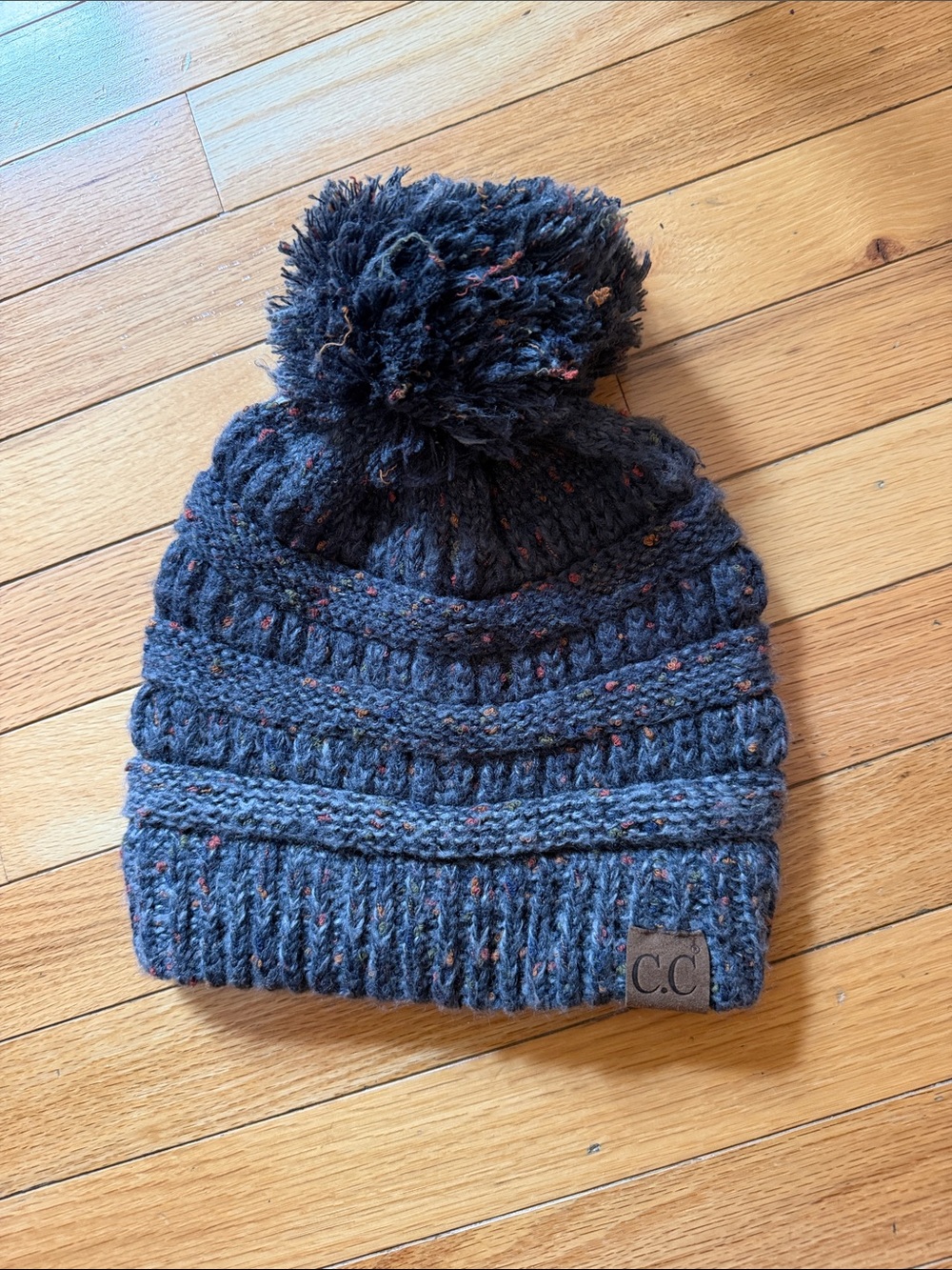 C.C Knit Pom Beanie in Navy with Multicolor Flecks